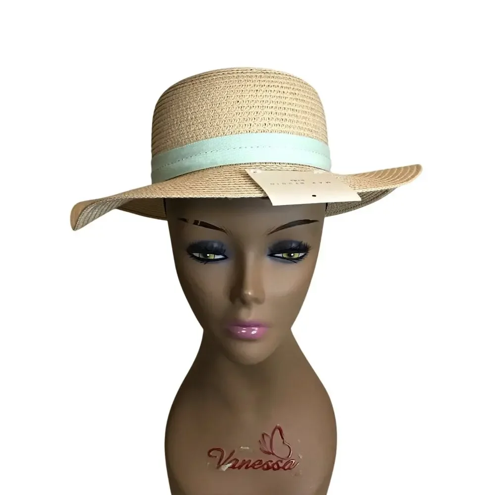 Max Studio kids straw sun hat, wide-brimmed light blue ribbon bow. New One Size